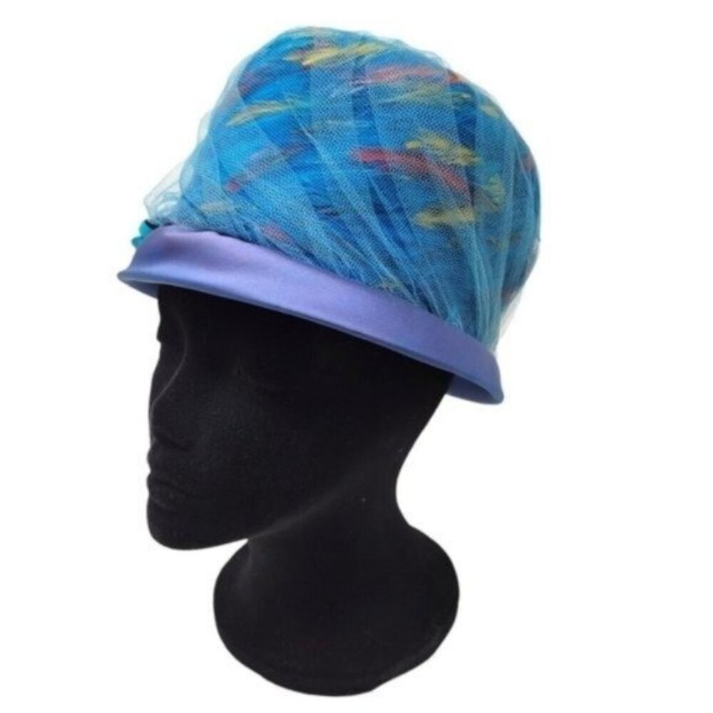 Vintage | Hard Structured Feather Tulle Hat Blue Multicolored Union Made
